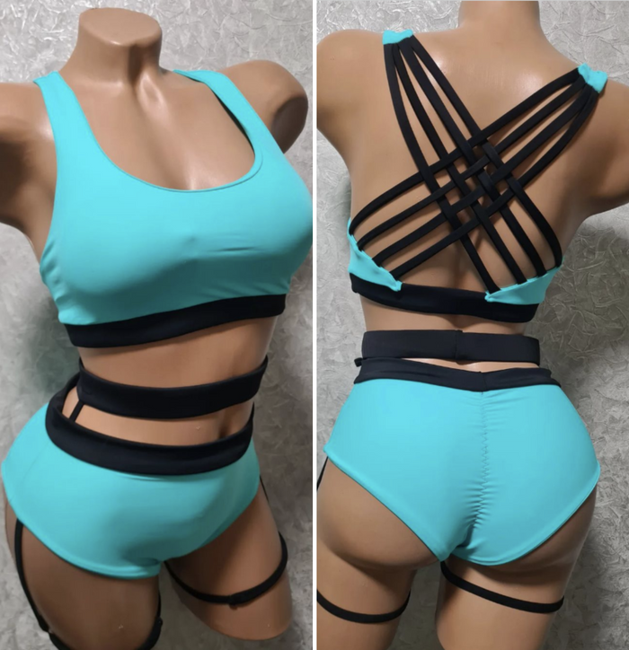 Mid-rise pole dance shorts with garter belt and Braided-back top