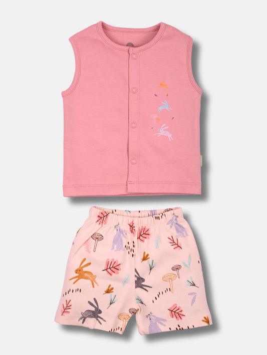 Newborn Baby Girls Sleeveless Cotton Top & Shorts Set - Front Open Printed - TRUCKLET TOTS