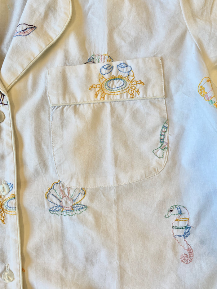 Ocean (Large) Cotton PJ Set With Embroidery, Long Sleeve shirt + pants
