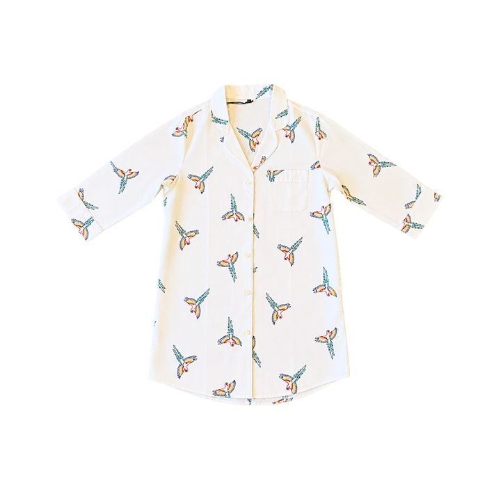 Parrot Hand-Embroidered Cotton PJ Button Down Shirt - Large