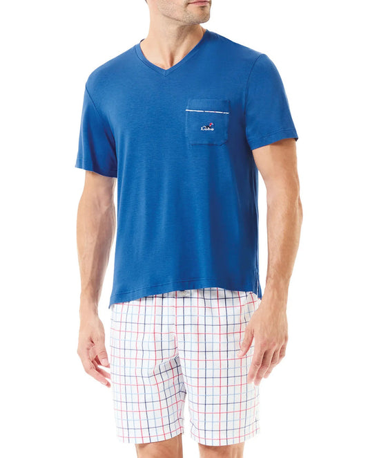 Pijama corto de verano para hombre de manga corta camiseta azul y pantalón corto cuadros