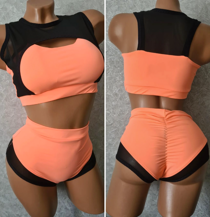 Pole dance costume coral with black translucent inserts