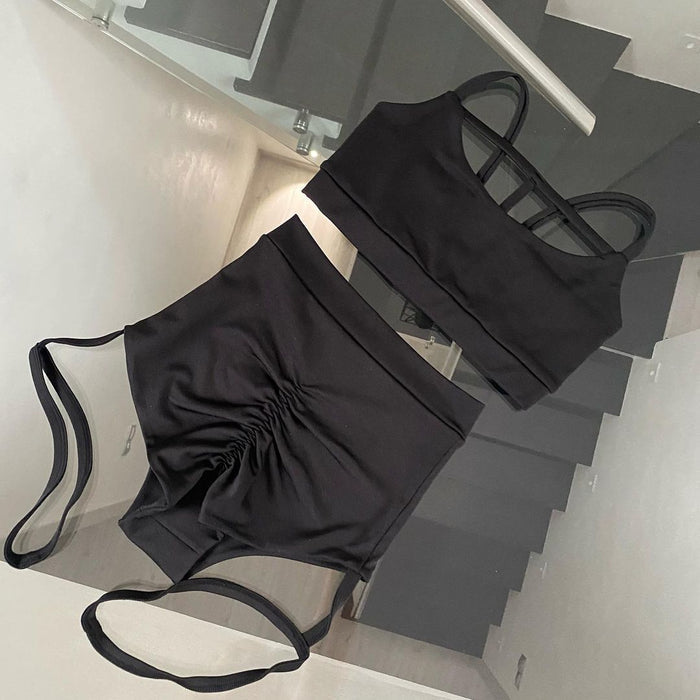 Pole dance outfit top with straps and garter shorts