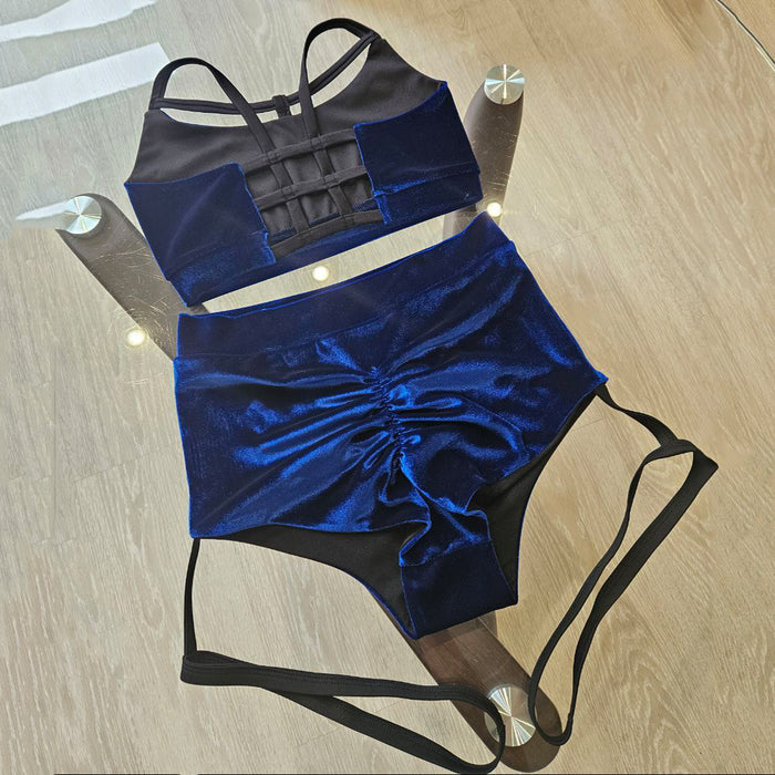Pole dance velvet top with straps and shorts with garter