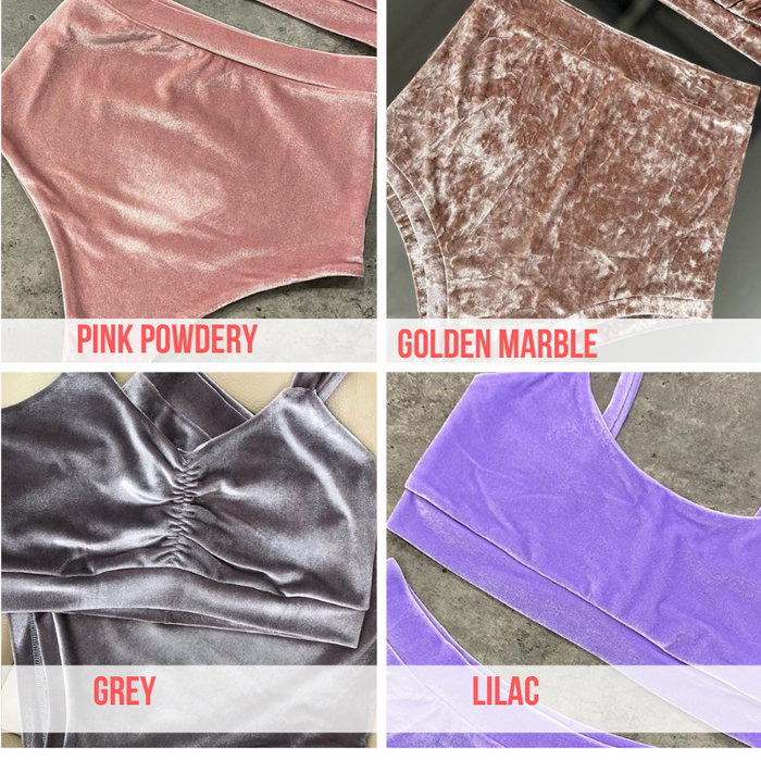 Four different colors of a velvet top on a concrete floor.