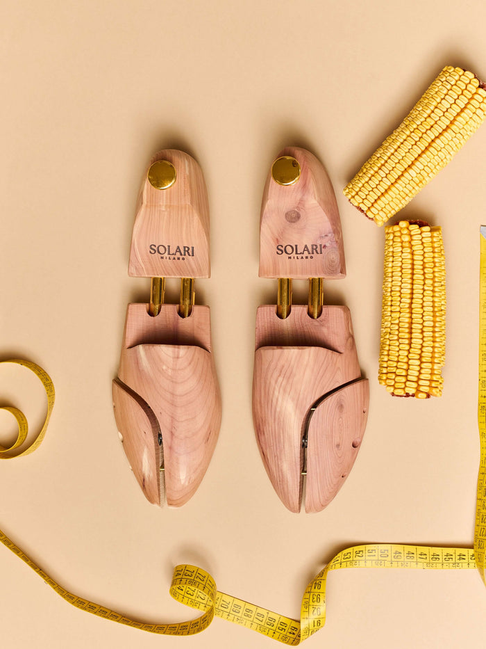 Premium cedar wood shoe trees by Solari Milano, perfect for maintaining premium vegan footwear