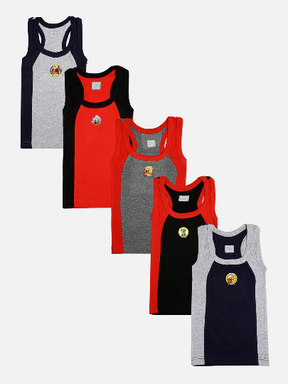 🧒 Redrose Boys Cotton Vests – Pack of 5 | Motu Patlu Printed | Stylish Colorblock Sleeveless Innerwear | RAZER_RIB_MP