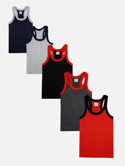🧒 Redrose Boys Cotton Vests – Pack of 5 | Sleeveless Colorblock Style | Soft & Stretchable | RAZER_RIB
