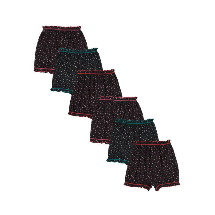 Redrose Girls' Printed Cotton Bloomers – Pack of 6 | Black Base with Frill Hem 🌙✨ | BLM-228