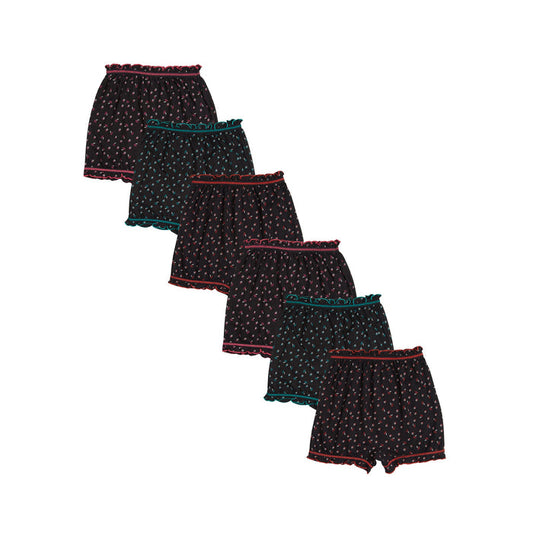 Redrose Girls' Printed Cotton Bloomers – Pack of 6 | Black Base with Frill Hem 🌙✨ | BLM-228