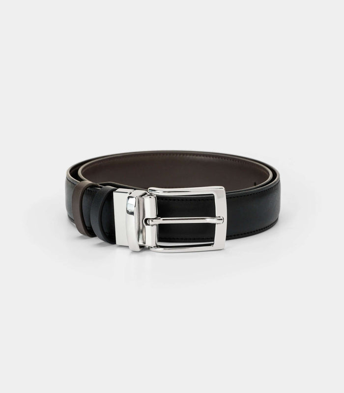 Black and dark brown reversible vegan belt by Solari Milano, silver buckle, made in Florence