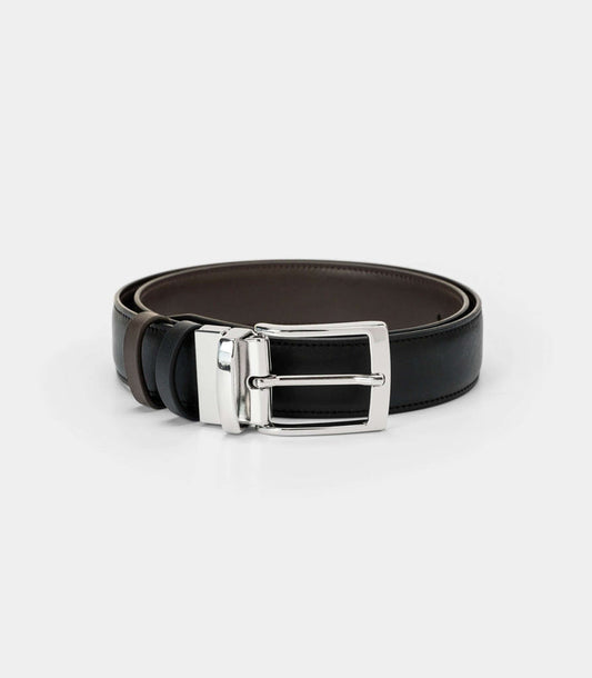 Black and dark brown reversible vegan belt by Solari Milano, silver buckle, made in Florence