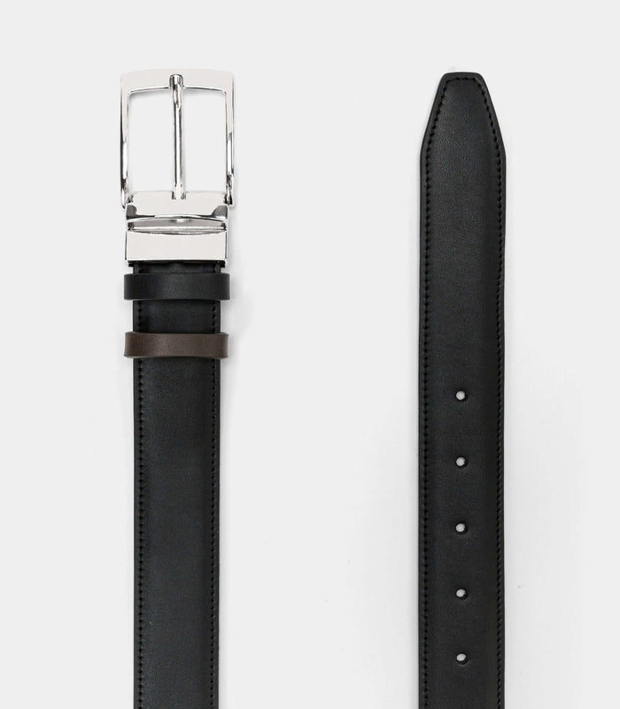 Reversible vegan belt by Solari Milano, dark brown side with silver buckle detail
