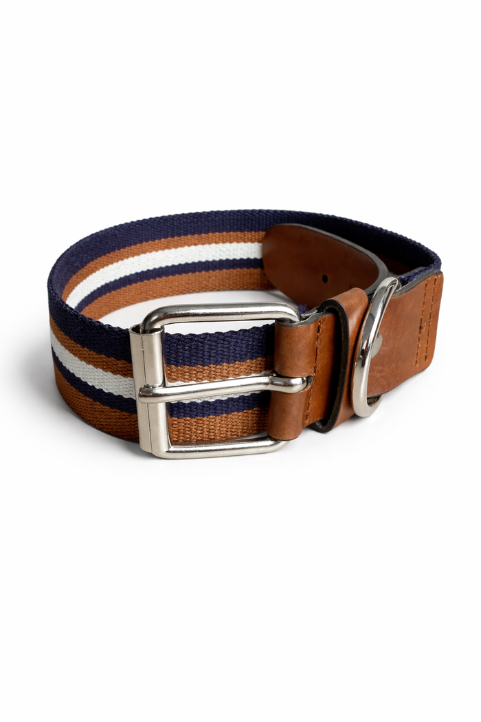 Striped vegan dog collar by Solari Milano, Magenta colorway, durable acrylic and vegan leather, made in Italy