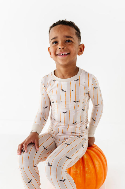 Kids Halloween PJs with bats for siblings in soft bamboo fabric