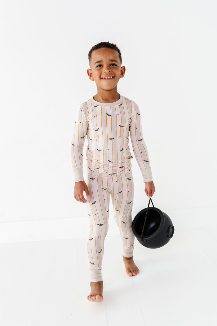 Matching Halloween PJs with bats in breathable bamboo for kids