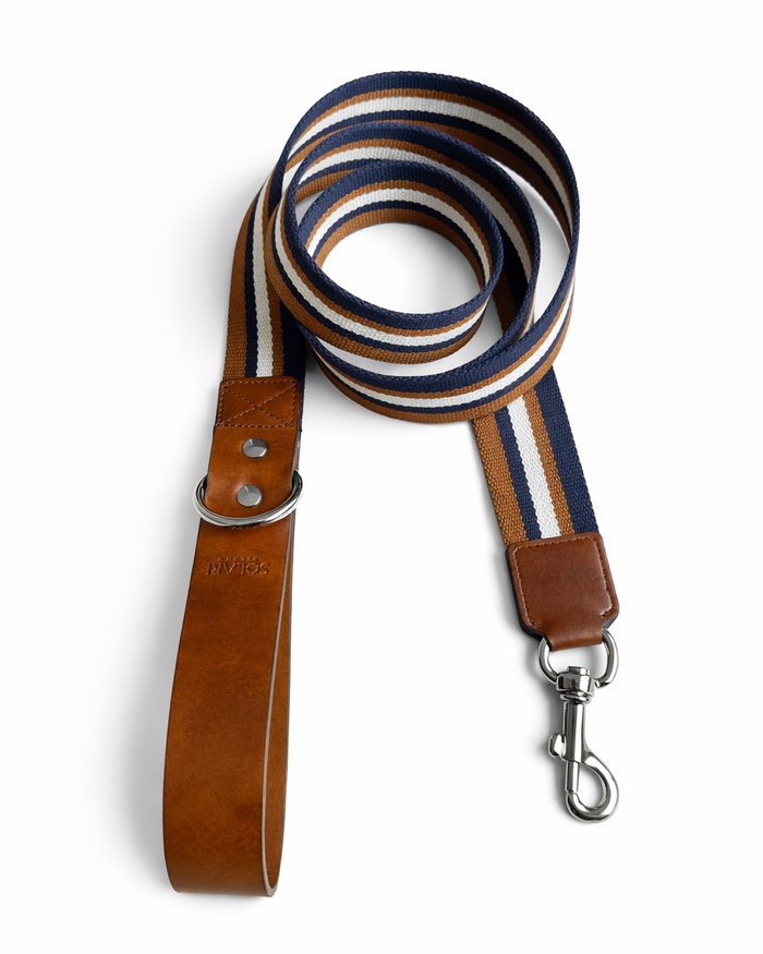 Vegan dog leash by Solari Milano, woven fabric with vegan leather accents, handmade in Italy