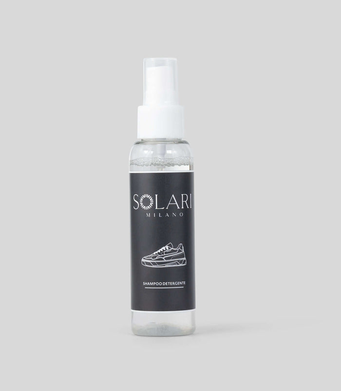 Vegan shoe cleaning detergent spray by Solari Milano, eco-friendly formula for premium vegan shoes, made in Italy
