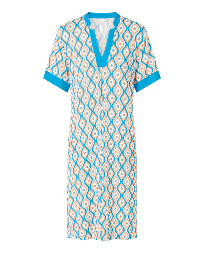 Vestido corto de mujer, estampado geométrico, manga corta, cuello pico.