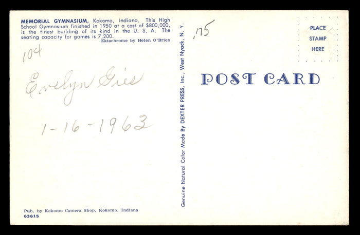 Vintage Kokomo HS Gymnasium Postcard