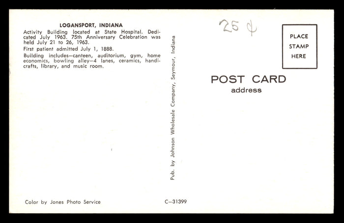 Vintage Logansport, Indiana State Hospital Activity Building Postcard