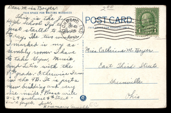 Vintage Richmond, Indiana Dennis Jr. High Postcard