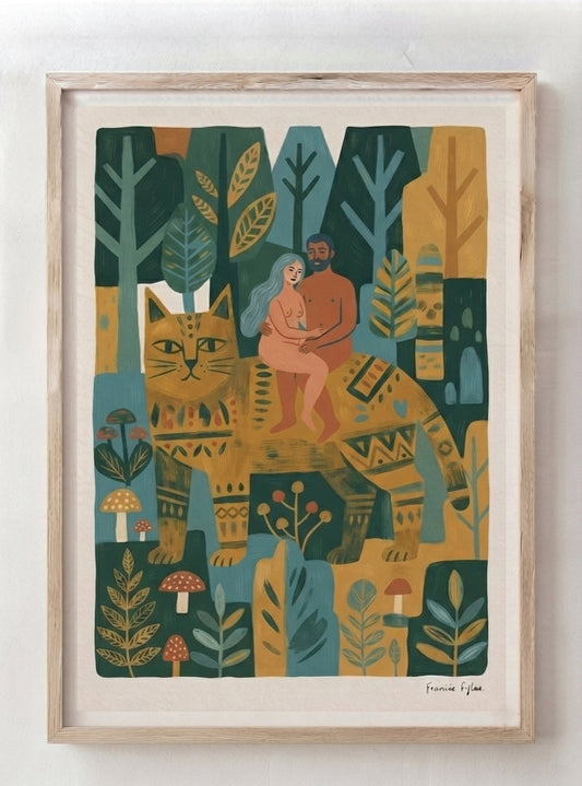 Whimsical Woodland Cat | Folk Art Cat Wall Art Print