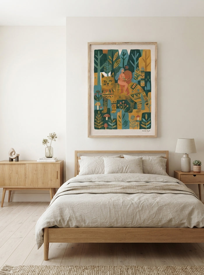 Whimsical Woodland Cat | Folk Art Cat Wall Art Print