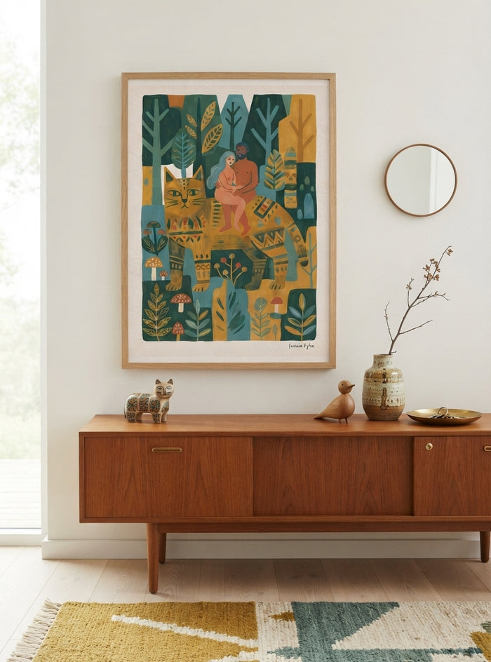Whimsical Woodland Cat | Folk Art Cat Wall Art Print