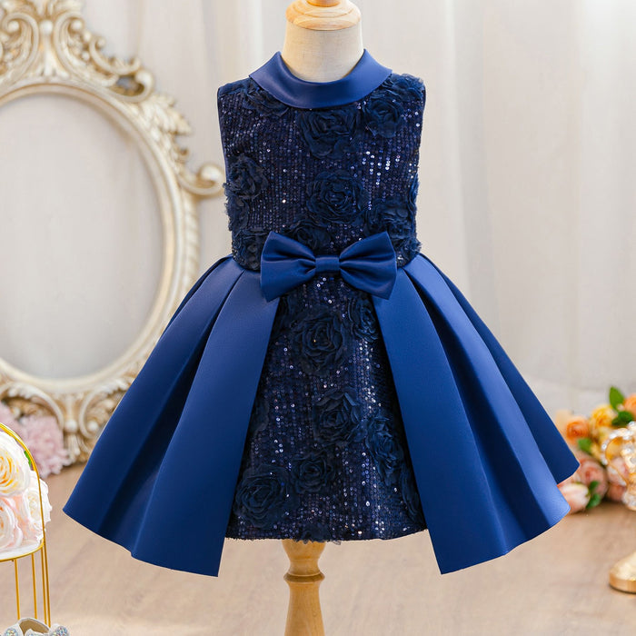 Wholesale 2-10Y Girls Sleeveless 3D Rose Sequin Woven Princess Dress, Kids Birthday Party Satin Bow Soft Fabric Formal Gown