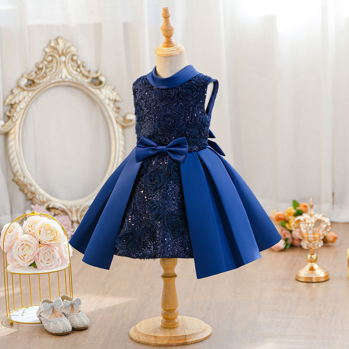 Wholesale 2-10Y Girls Sleeveless 3D Rose Sequin Woven Princess Dress, Kids Birthday Party Satin Bow Soft Fabric Formal Gown