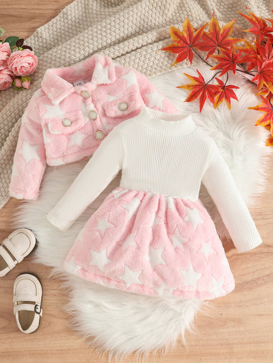 Wholesale 6M-3T Girls 2Pcs Star Fleece Jacket & Rib Knit Dress Outfit Set, Soft Fluffy Plush Toddler Winter Clothing Set
