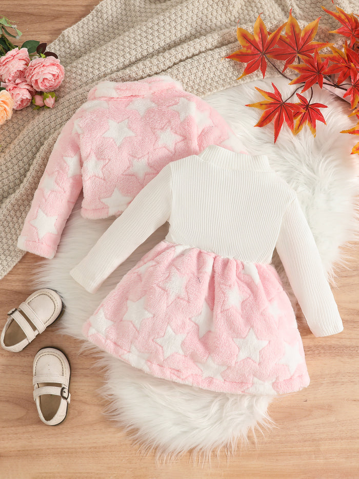 Wholesale 6M-3T Girls 2Pcs Star Fleece Jacket & Rib Knit Dress Outfit Set, Soft Fluffy Plush Toddler Winter Clothing Set