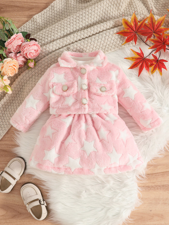 Wholesale 6M-3T Girls 2Pcs Star Fleece Jacket & Rib Knit Dress Outfit Set, Soft Fluffy Plush Toddler Winter Clothing Set