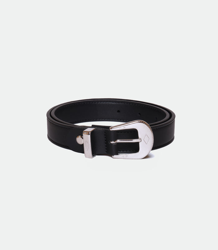 Black women's vegan belt with rock buckle by Solari Milano, handmade in Italy
