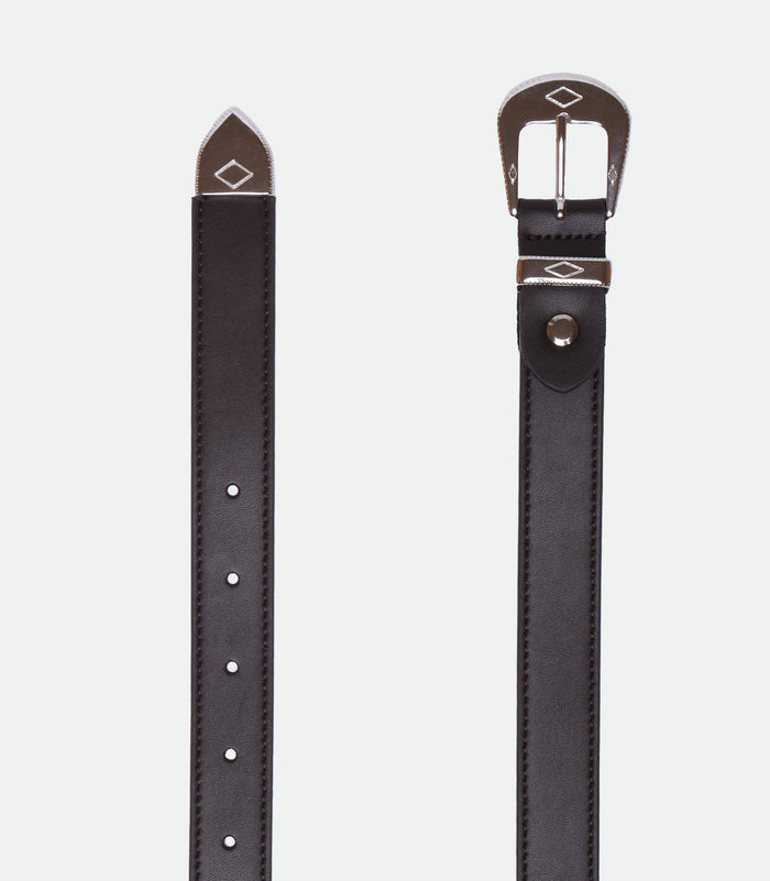 Black women's vegan belt by Solari Milano, rock-style buckle detail